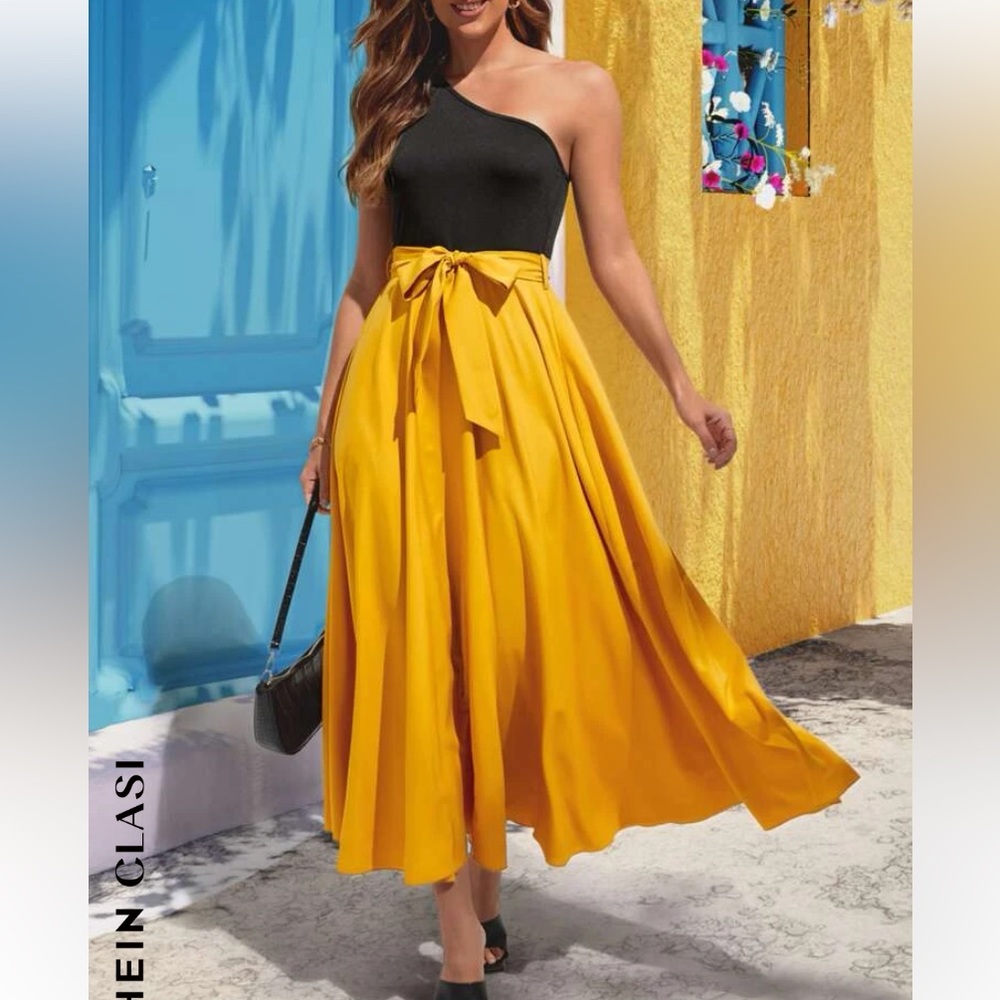 Two Tone One Shoulder Belted Dress